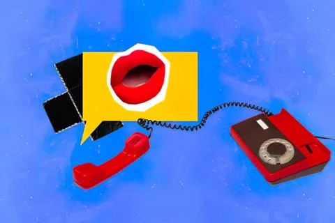 Red telephone with speech bubble and camera on blue background Stock Photos