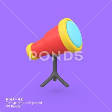 Red telescope with stand isolated 3d render icon illustration Modello PSD