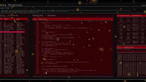 Red term Step1 starting, code scrolling, PASS or IP or hex dump visible Stock Footage 332428454