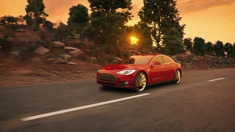 Red Tesla Model S electric vehicle driving on country road at sunset. Looping 3d Stock Footage 157295396