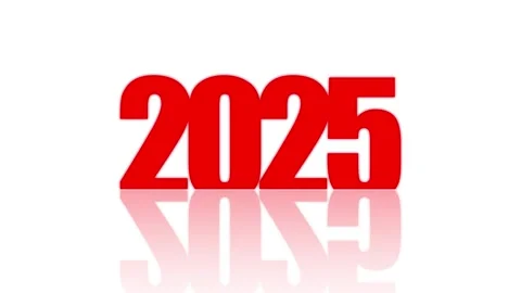 Red text numbers 2025 on a white background with transition and reflection .. Stock Footage 290075137