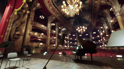Red theater with golden elements in dark light Video stock 240813915