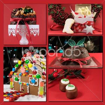 Red Theme Christmas Food Collage Including, Plum Pudding, Christmas Fruit Cak