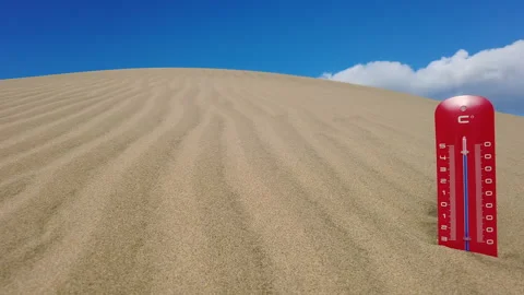 A red thermometer is stuck in the hot sand of a dune, pan. Stock Footage 264802865