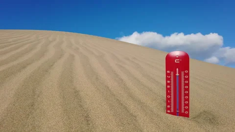 A red thermometer stuck in the sand of a dune shows hot temperature. Stock Footage 264802746