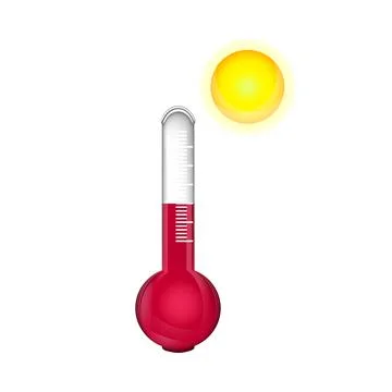 Red thermometer with sun isolated on white background. Stock Illustration