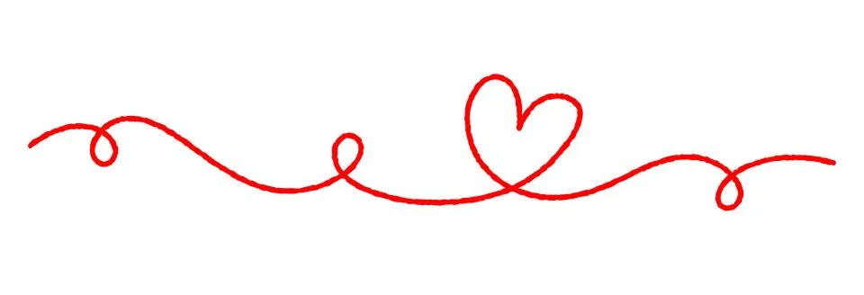 Red thread divider with heart shapes in a romantic style. Wavy, curly line in Stock Illustration