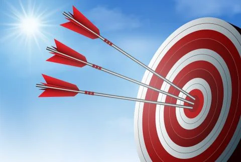 Red three arrows darts in target circle. business success goal. on background Illustrazione stock
