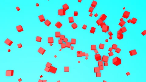 Red three-dimensional cubes fall on a turquoise background. abstract splash. 3d  Video stock 144077402