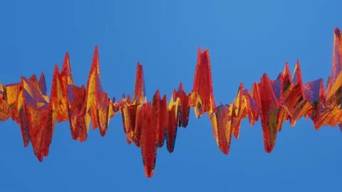 Red three-dimensional ribbon is deformed against a blue background. looped anima Video stock 153814103