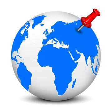 Red thumbtack on blue globe Stock Illustration