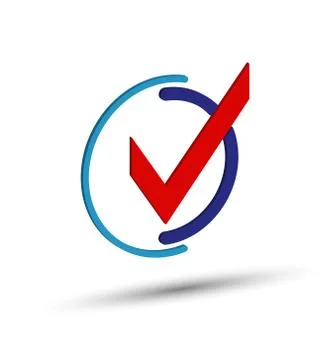 Red tick in a blue circle for design, simulation volume. Stock Illustration