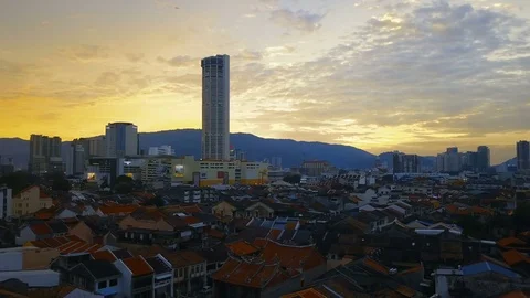 Red Tile Roofs in Historical Part of Georgetown City and Komtar Tower on Penang Video stock 79720710