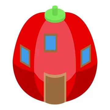 Red tiny house shaped like a tomato with green roof is standing Ilustración de archivo