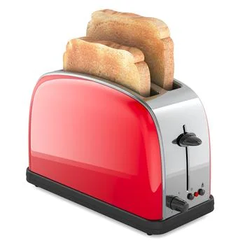 Red Toaster with slices of fried bread, 3D rendering Stock Illustration