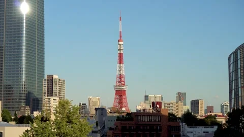 Red Tokyo Tower and High Rise Buildings Seen From Roppongi Stock Footage 269154775