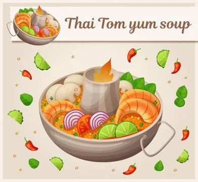 Red tom yum soup vector icon with ingredients. Traditional dinner cartoon Stock Illustration