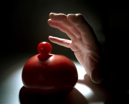 Red tomato and human hand Stock Photos