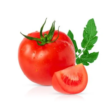 Red tomato and slice with leaf isolated on white background with clipping path. Stock Photos