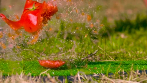 Red tomato being crushed to pieces by hitting it with a gold bat iron or a Stock Footage 283988025