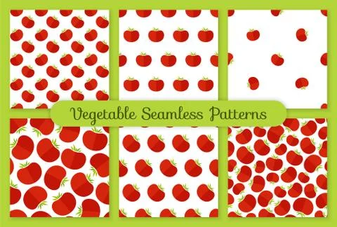 Red tomato flat vegetable seamless pattern set Stock Illustration