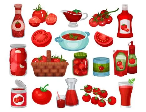 Red Tomato Food with Raw Vegetable and Canned Product Vector Set Stock Illustration