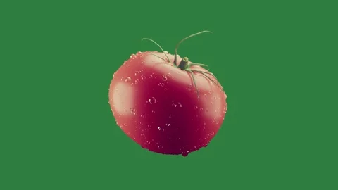 A red tomato on green screen and screen with water droplets it green screen Vídeo Stock 335980059