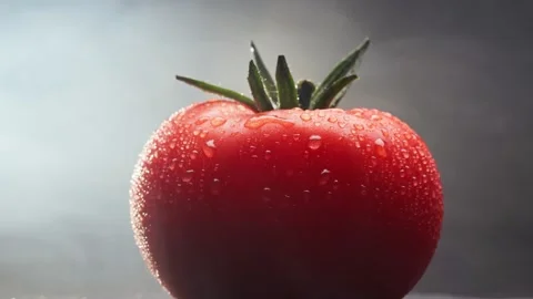 Red tomato in the kitchen while cooking. Light smoke hovers in the background 스톡 동영상 158540737