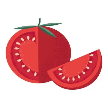 Red tomato with leaves and a slice in the style of a modern flat with a noisy Stock Illustration