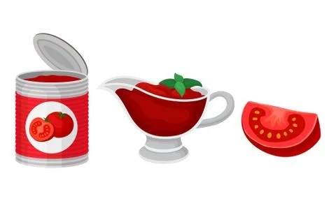 Red Tomato Paste in Sauce Boat and Can Vector Set Stock Illustration