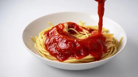 Red tomato sauce beeing poured on spaghetti Stock Footage 146909784