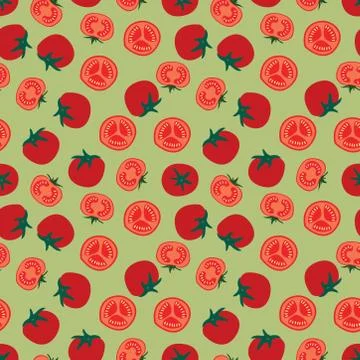 Red tomato seamless pattern on green background. slice halves and cherry toma Stock Illustration