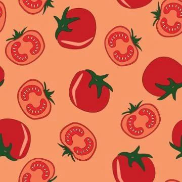 Red tomato seamless pattern on red background. slice halves, and cherry tomat Stock Illustration