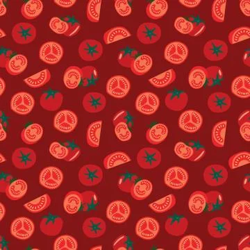 Red tomato seamless pattern on red background. slice halves, and cherry tomat Stock Illustration