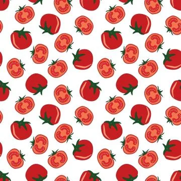 Red tomato seamless pattern on white background. slice halves and cherry toma Stock Illustration