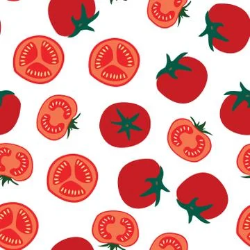 Red tomato seamless pattern on white background. slice halves and cherry toma Stock Illustration