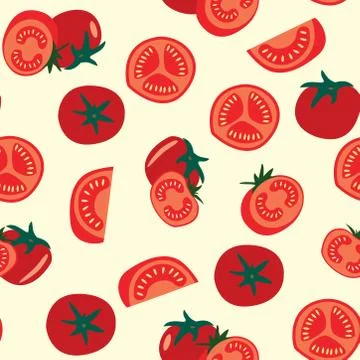 Red tomato seamless pattern on white background. slice halves and cherry toma Stock Illustration