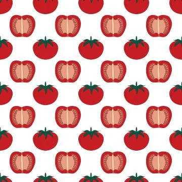 Red tomato seamless pattern on white background. slice halves and cherry toma Stock Illustration