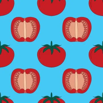 Red tomato seamless pattern on white background. slice halves and cherry toma Stock Illustration