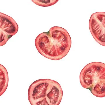 Red tomato seamless pattern. Whole and sliced ripe fruit. Vegetables watercolor Stock Illustration