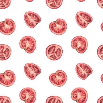 Red tomato seamless pattern. Whole and sliced ripe fruit. Vegetables watercolor Stock Illustration