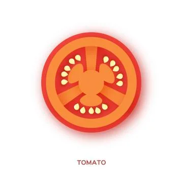 Red Tomato Slice in paper cut style on white background. Top view. Stock Illustration