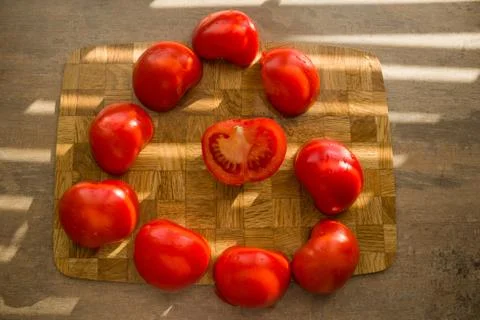 Red Tomato Slice Table Background Love Picture of Heart Stock Photos