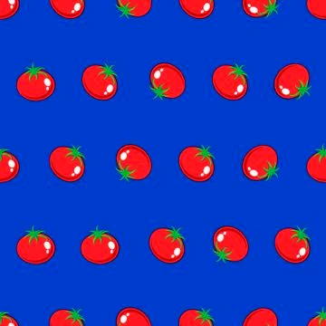 Red tomato stock vector seamless pattern on blue background Illustrazione stock