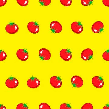 Red tomato stock vector seamless pattern on yellow background Illustrazione stock