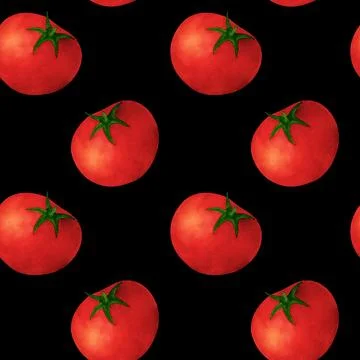 Red tomato, watercolor seamless pattern, on black background. For prints on.. Stock Illustration