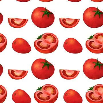 Red tomato, watercolor seamless pattern, on white background. For prints on t Stock Illustration