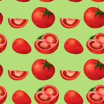 Red tomato, watercolor seamless pattern, on green background. For prints on.. Stock Illustration