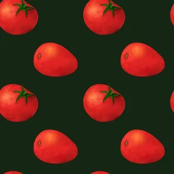 Red tomato, watercolor seamless pattern, on green background. For prints on.. Stock Illustration