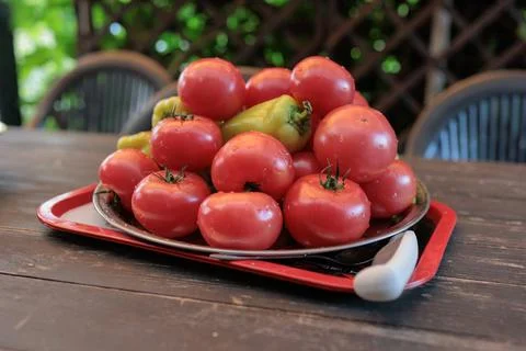 Red tomatoes and green yellow peppers for cooking 库存照片
